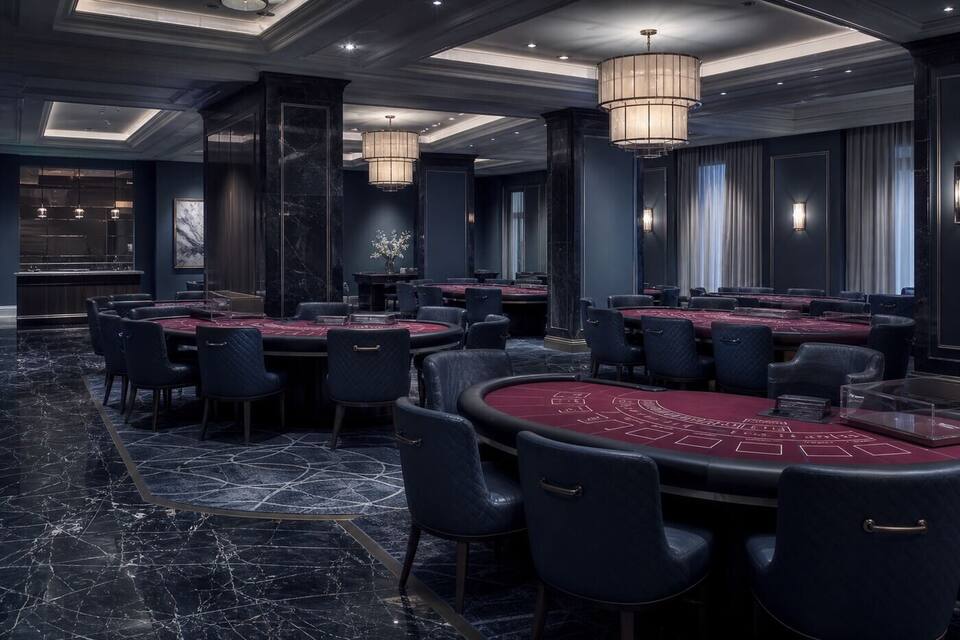 Card room with burgundy felt tables